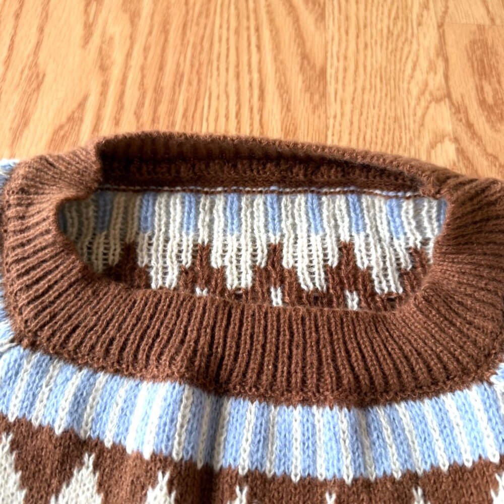 Retro Tribal Pattern Sweater Sz XL Brown Blue Cream Knit Pullover Vintage Style - Picture 4 of 11